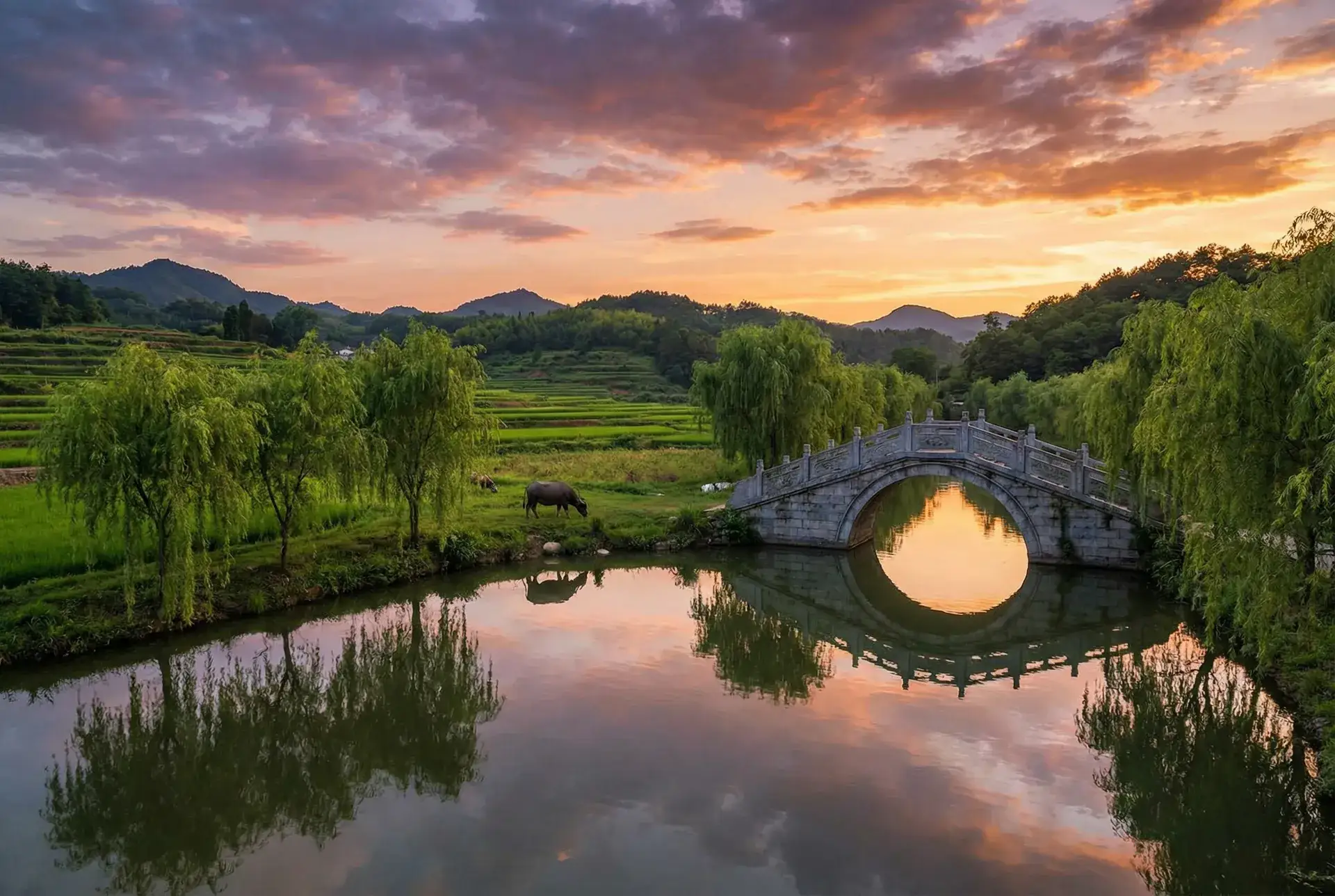 夕阳下的石拱桥与垂柳，水牛在河边吃草 - 忘忧草日本在线WWW日本 乡村美景